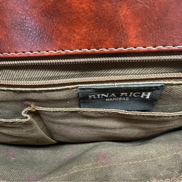 Vtg RinaRich Brown Leather Structured Satchel Handbag Top Handle Crossbody Purse - Picture 6 of 8